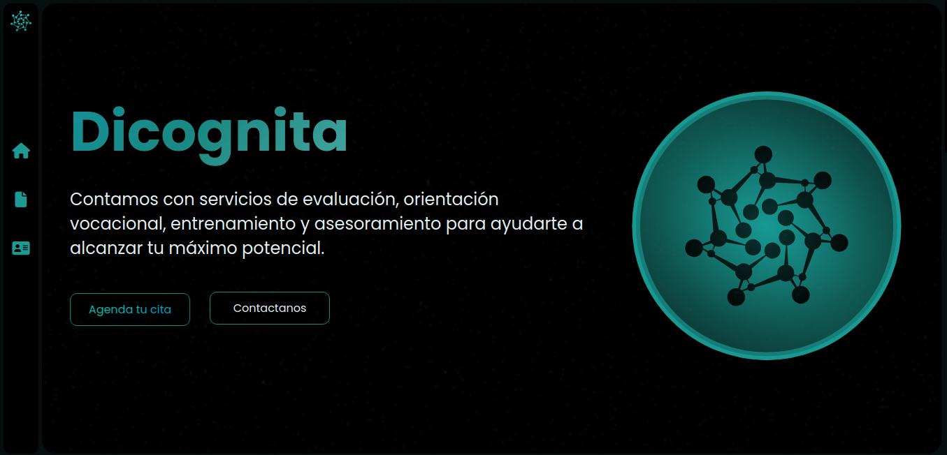 sitio web con fondo negro en donde destaca los texto color azul claro y un logo que se asemeja a una neurona.